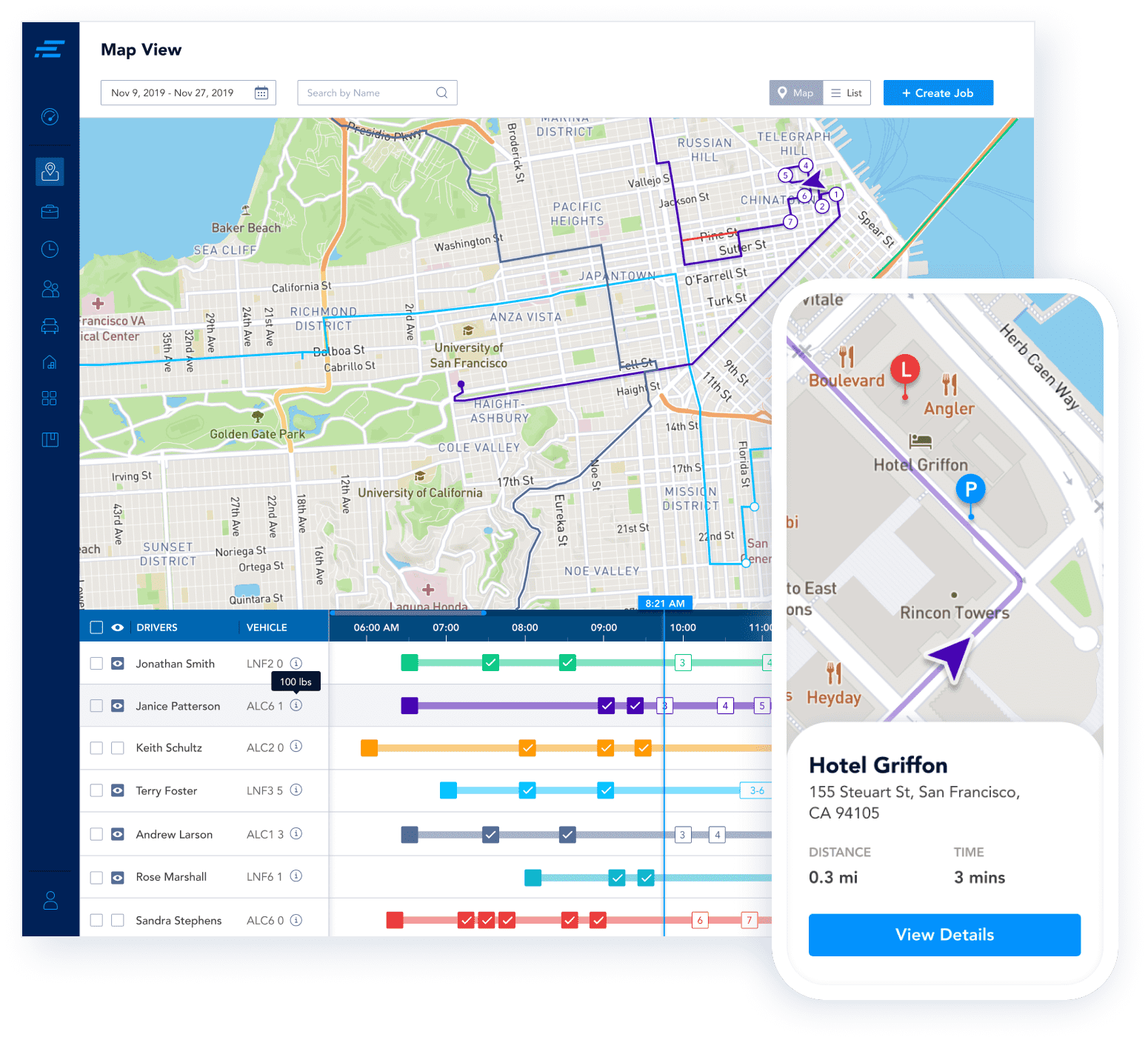 Map view: optimized routes for seven drivers with the day's delivery timeline